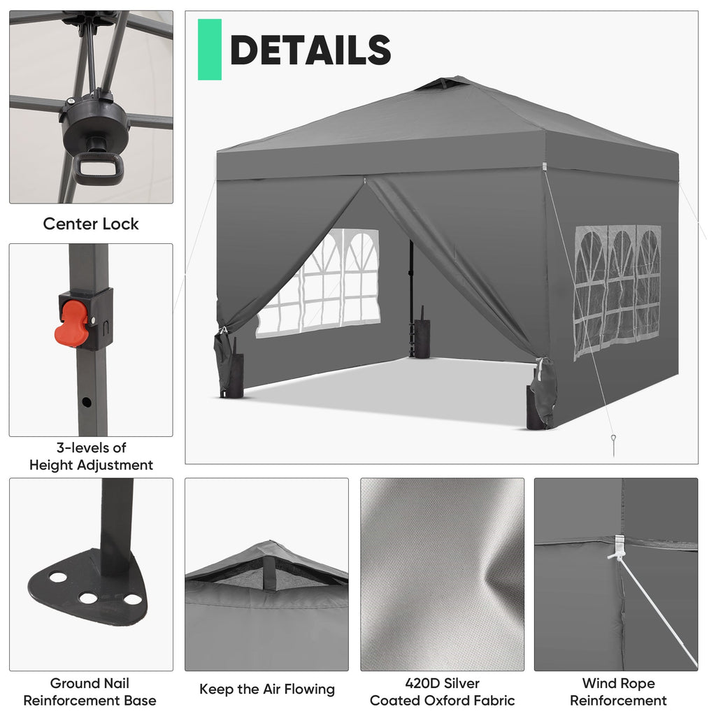 Gray pop-up canopy tent with sidewalls and window panels, showing center lock