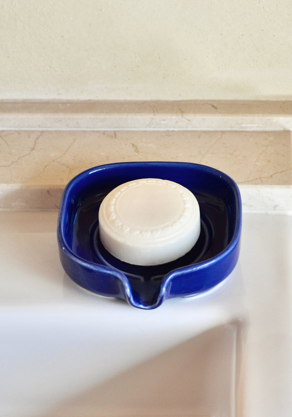 Cobalt blue porcelain self-draining soapdish with central ridged drain channel