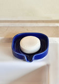 Cobalt blue porcelain self-draining soapdish with central ridged drain channel