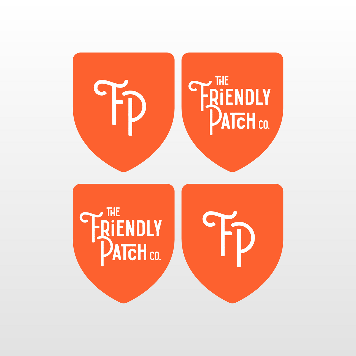 Four orange Friendly Patch shield logos arranged in a square layout