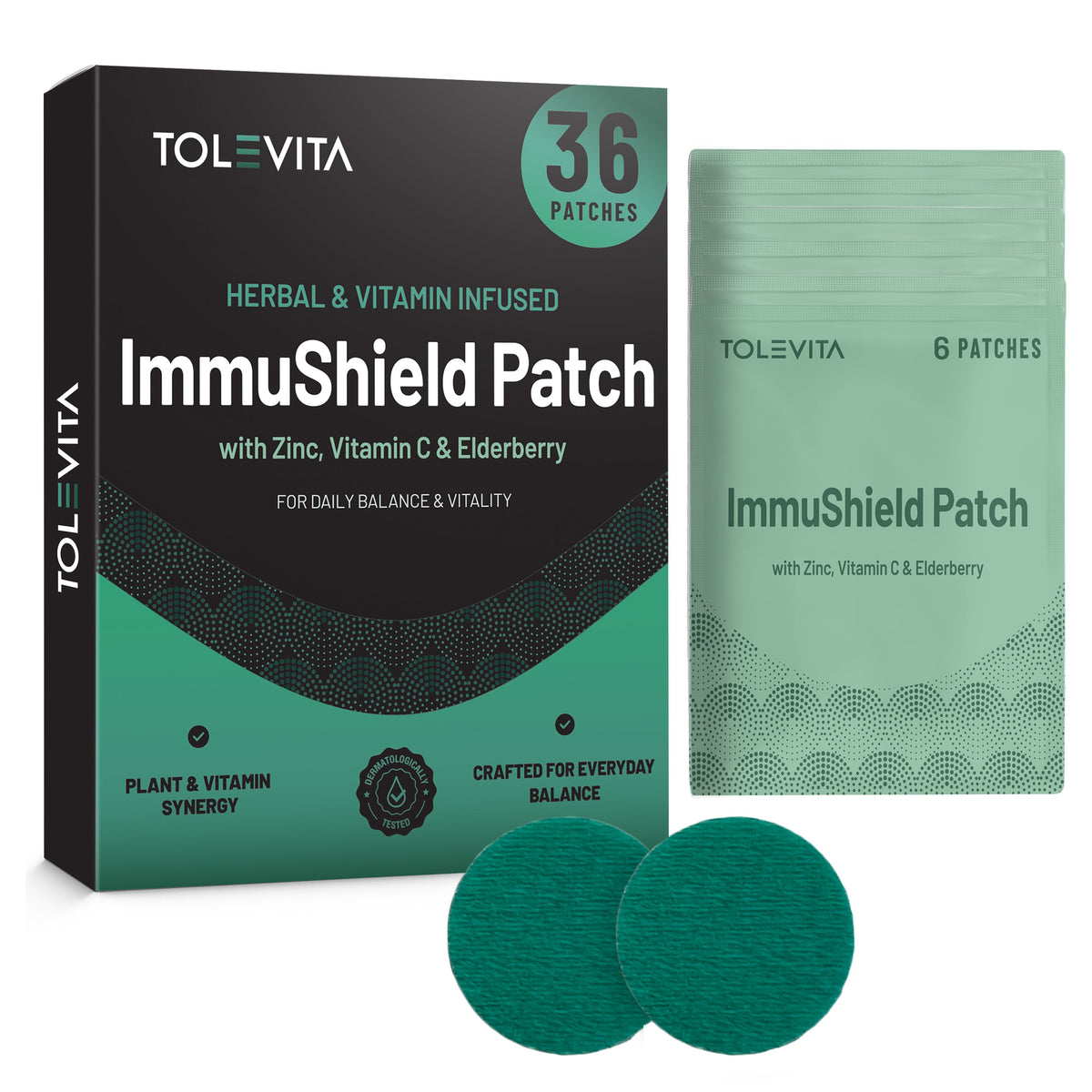 Daily wellness herbal skin patches, green patch pack and TOLEVITA 36-count box