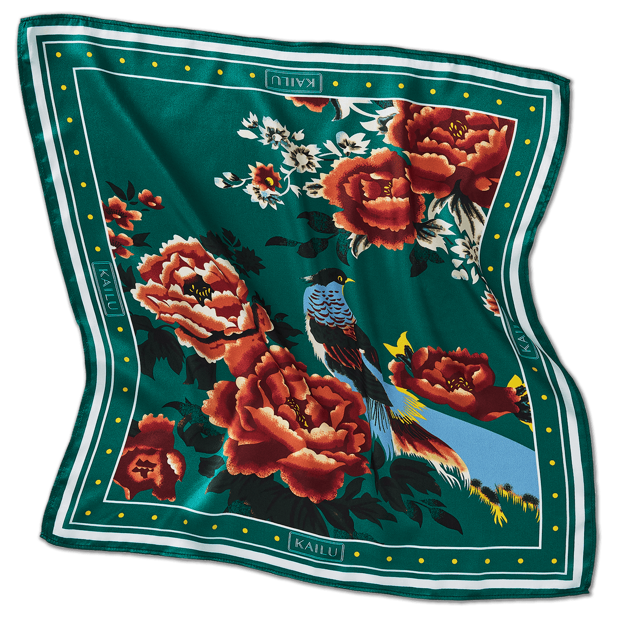 Teal silk scarf with peony flowers, birds, and gold dot frame