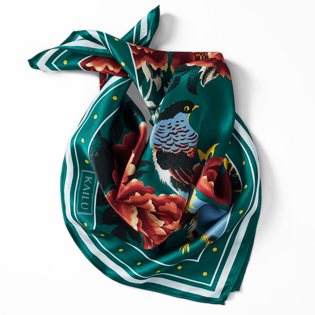 Teal silk scarf with bird and floral pattern, bordered with white and green stripes