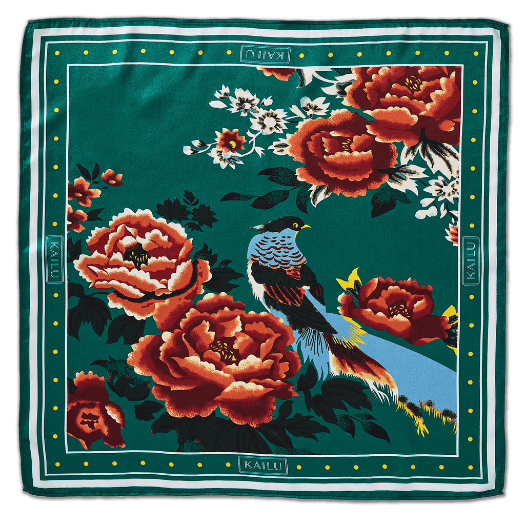 Teal silk scarf with red and white flowers, birds, and gold dot border