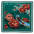 Teal silk scarf with red and white flowers, birds, and gold dot border