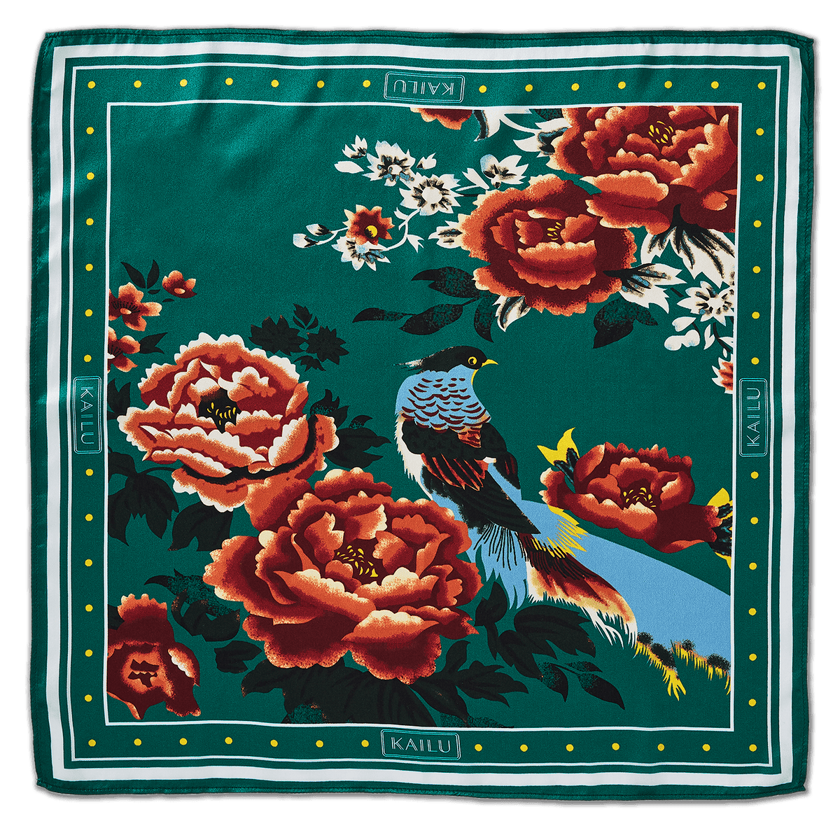 Teal silk scarf with red and white flowers, birds, and gold dot border