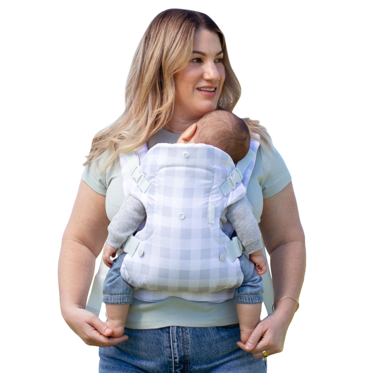 Blue plaid baby carrier with padded seat and adjustable shoulder straps