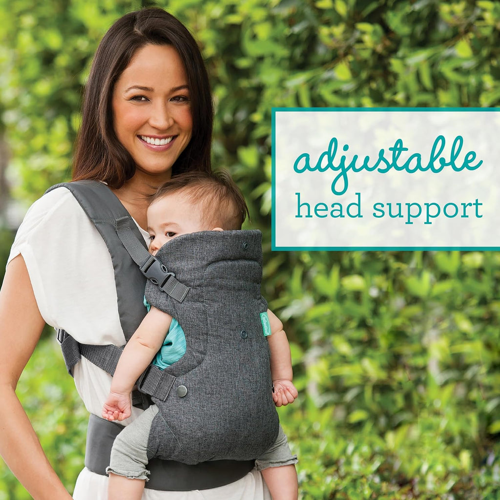 Gray baby carrier with padded head support; front carry with baby resting against chest
