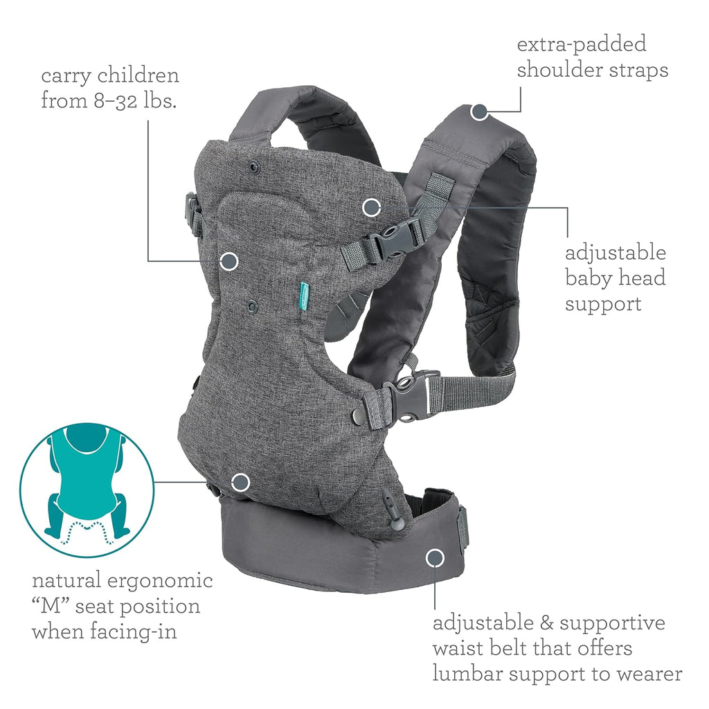 Gray baby carrier features view: padded shoulder straps, adjustable head support, waist belt