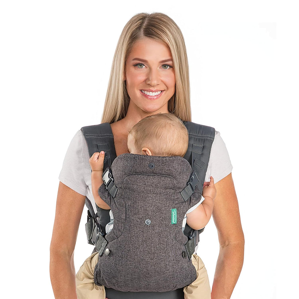 Gray convertible baby carrier with newborn in front carry; adjustable straps and padded seat