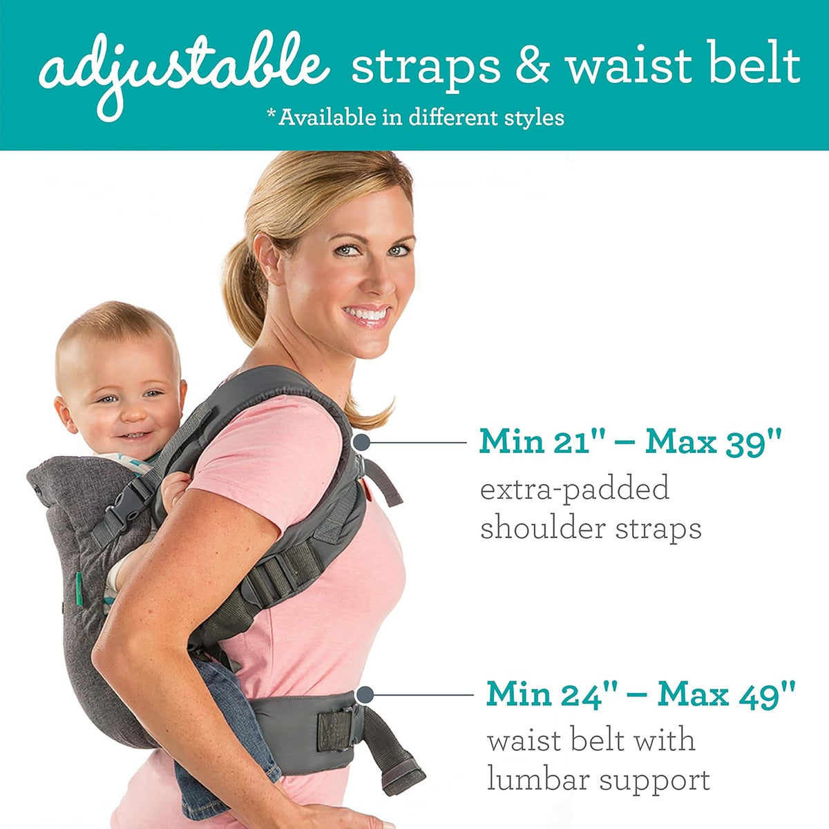 Gray baby carrier with extra-padded shoulder straps and adjustable waist belt