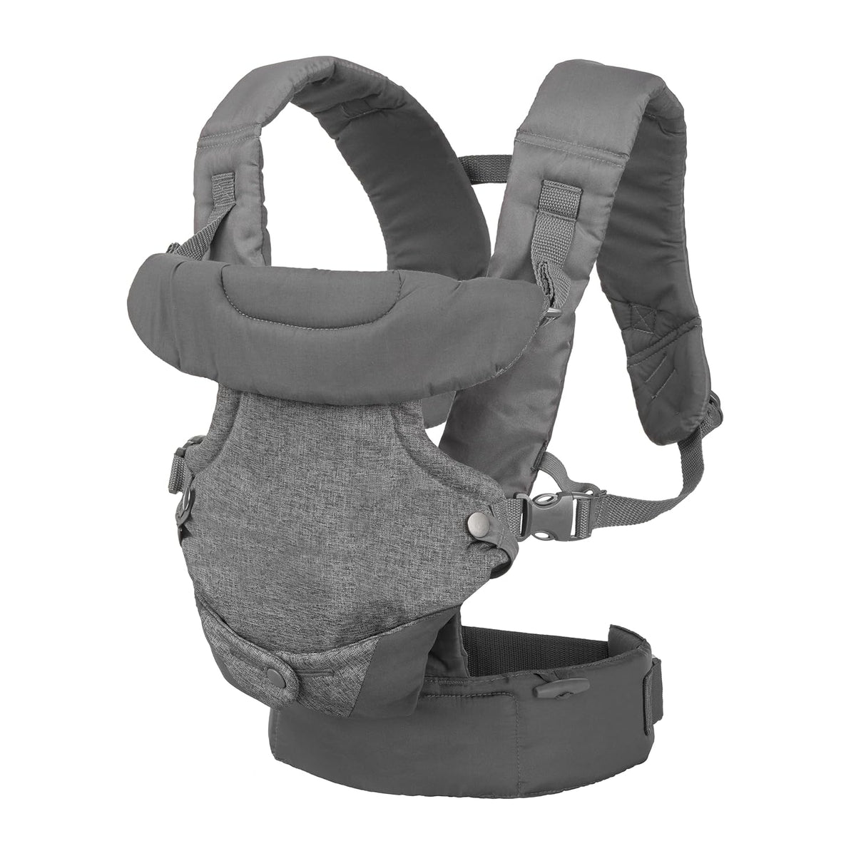Gray convertible baby carrier with padded hood and adjustable shoulder straps