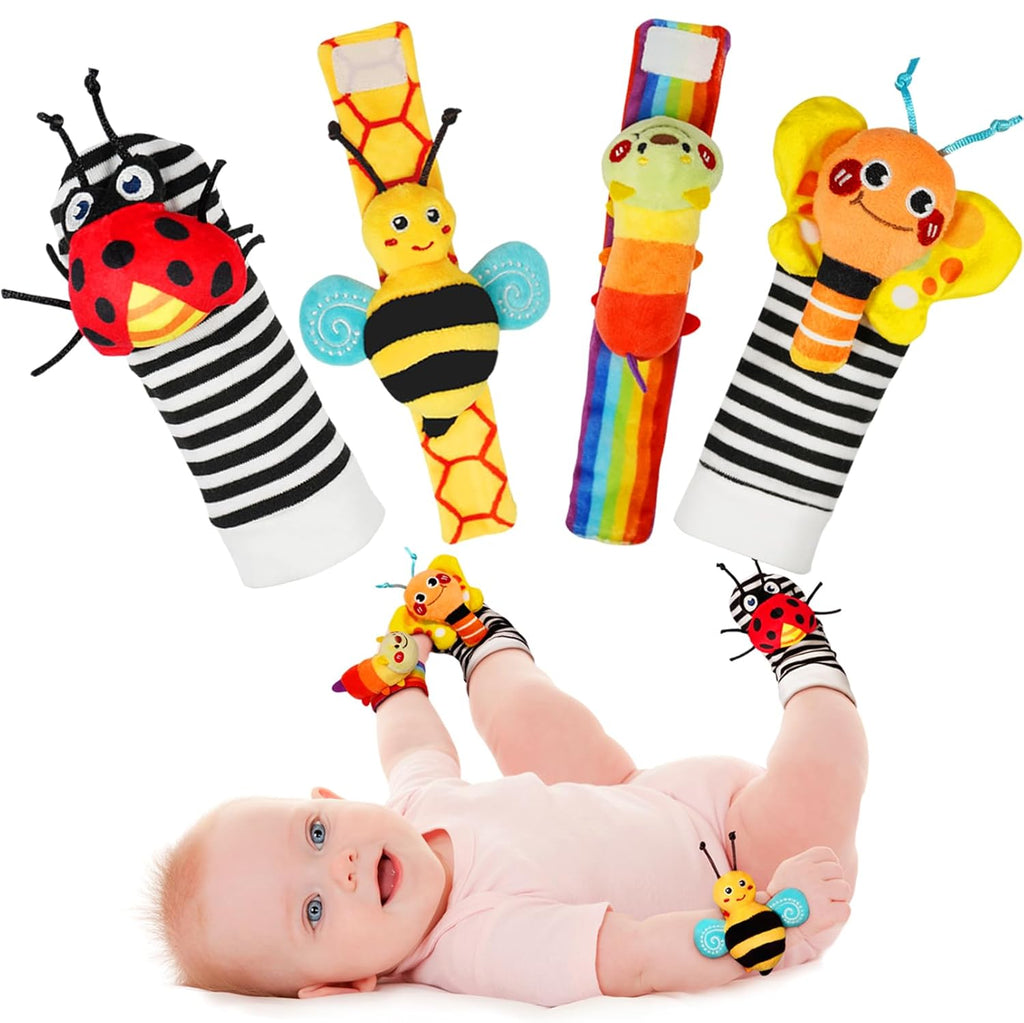 Baby bug-themed rattle socks set with striped bee and ladybug designs