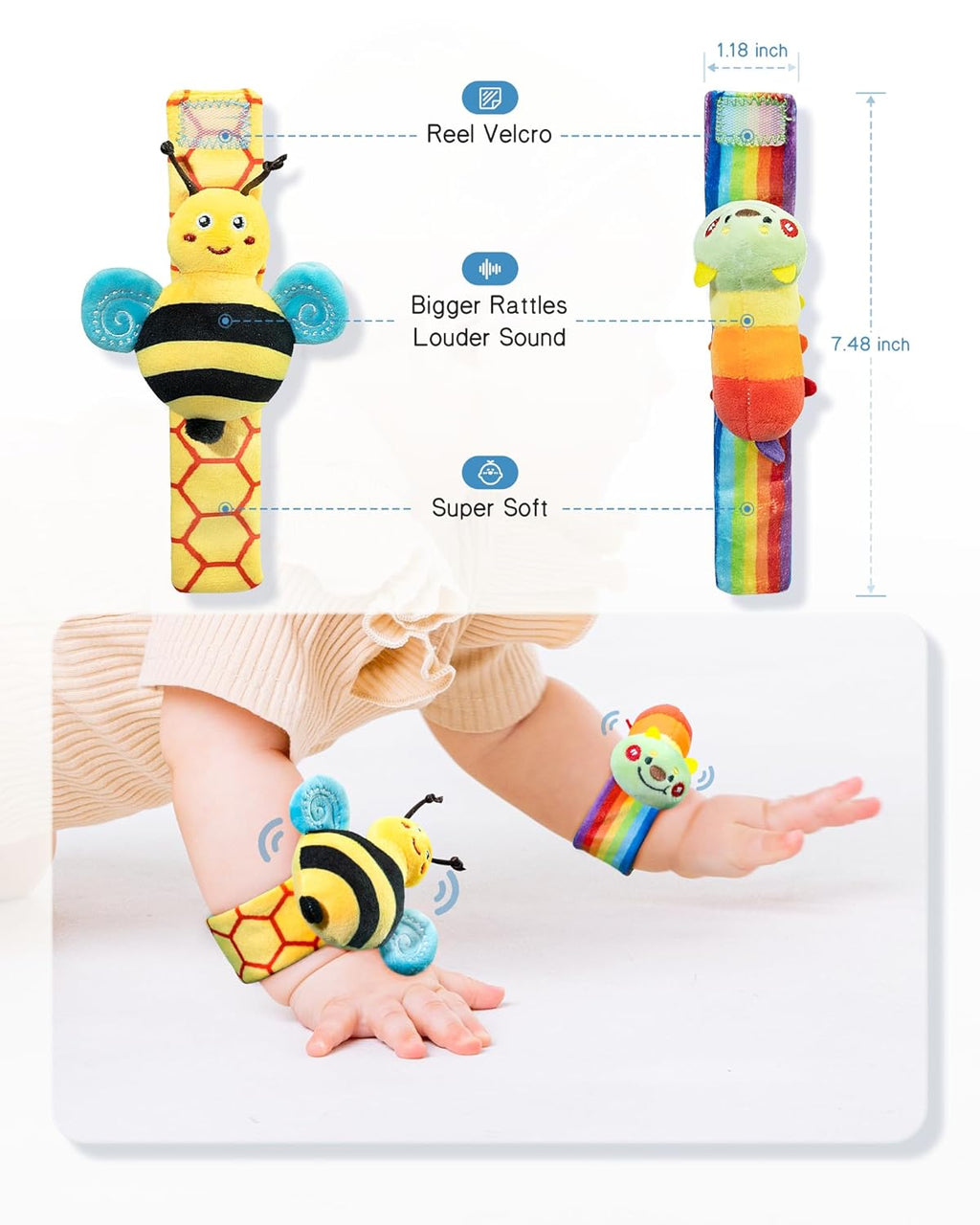 Pair of baby insect rattle socks showing velcro strap and longer foot finder design