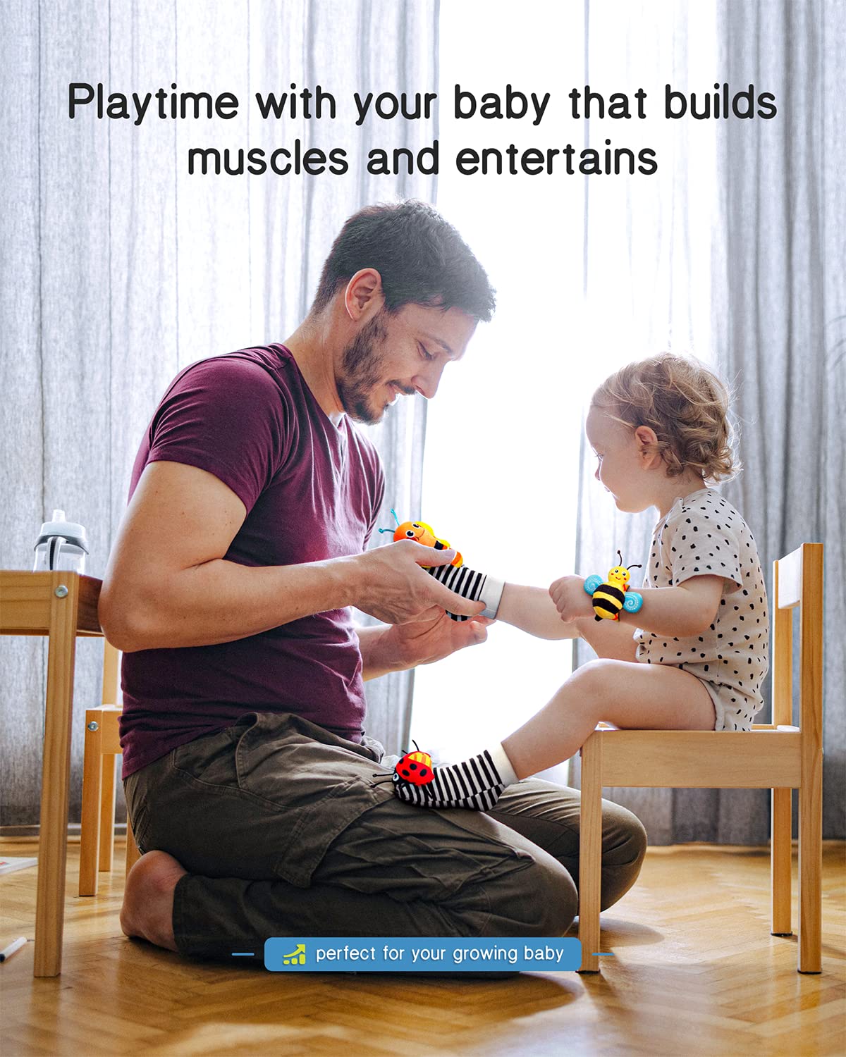 Toddler wearing insect rattle socks with bee and ladybug patterns