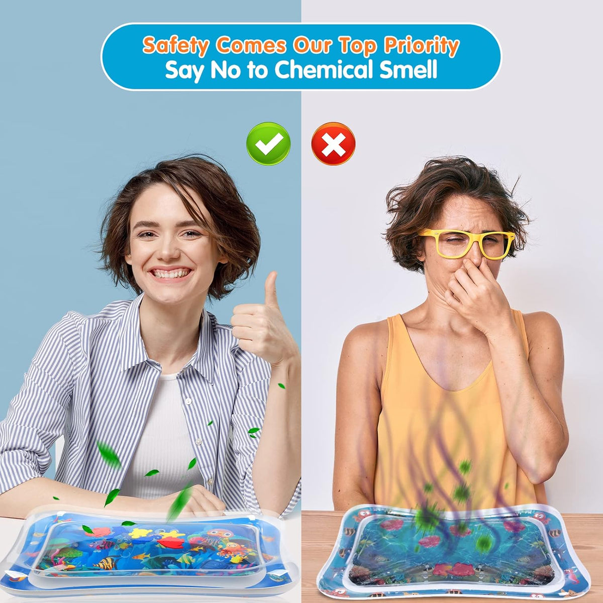 Inflatable tummy time water play mat with marine toy design on tabletop