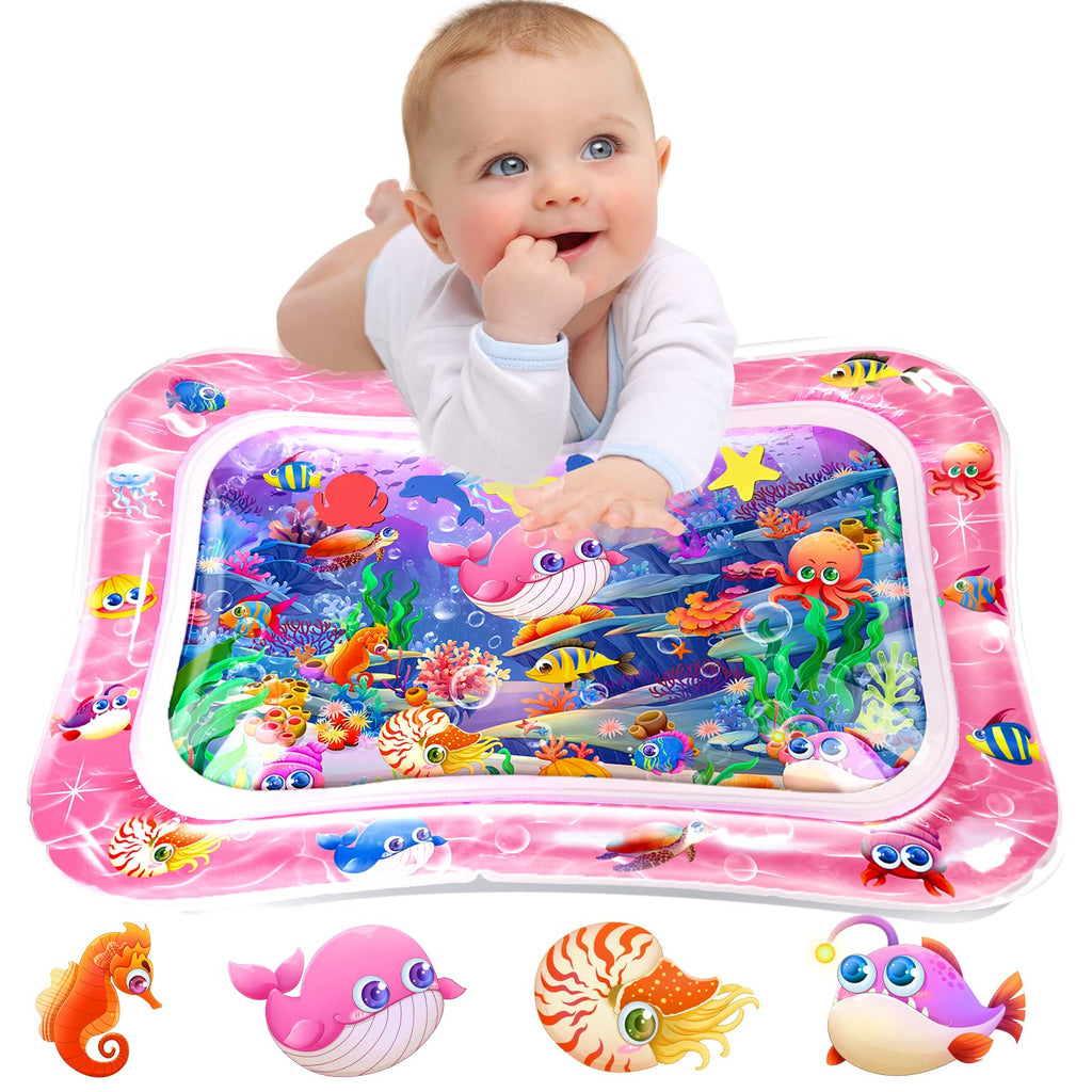 Pink inflatable tummy time water play mat with marine animal graphics and baby