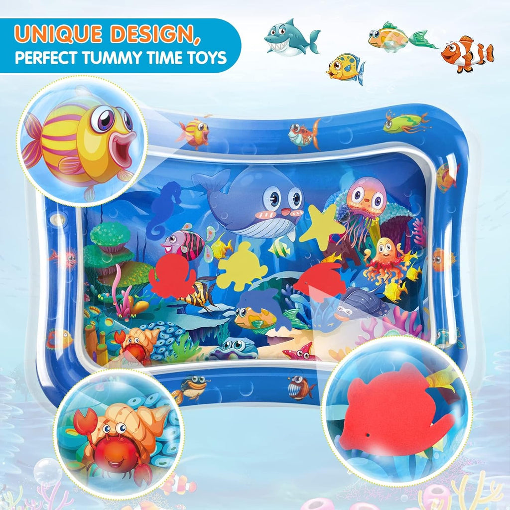 Blue inflatable tummy time mat with clear window and colorful sea animal toys
