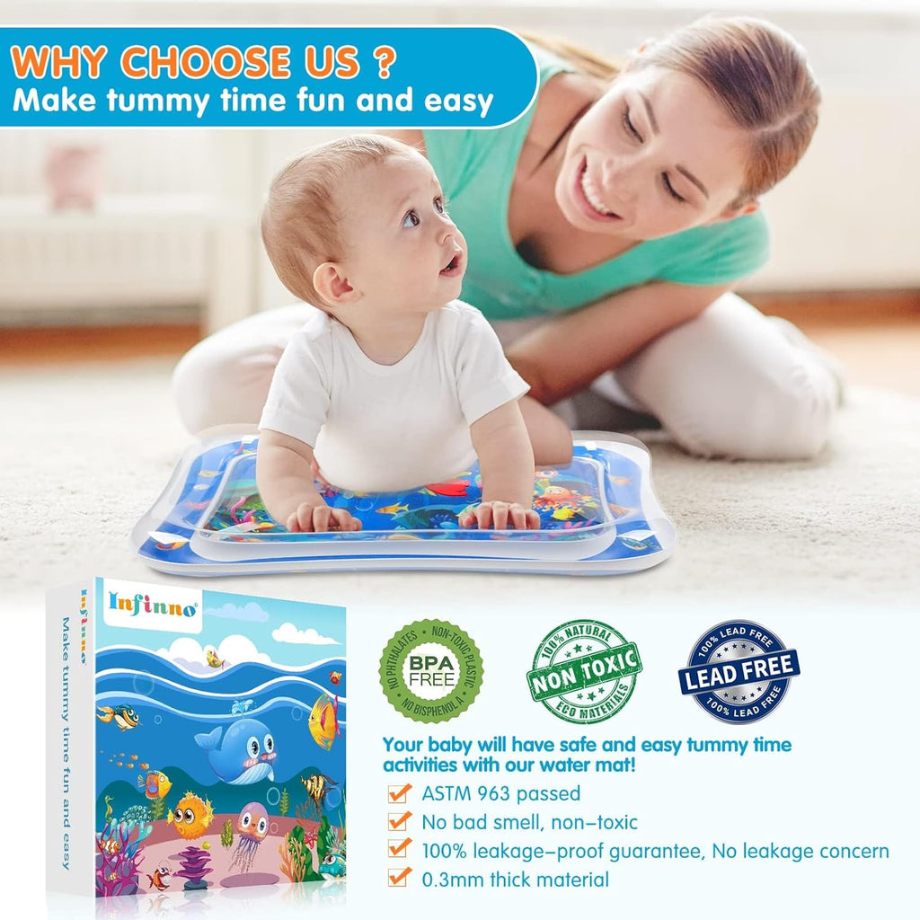 Inflatable tummy time water play mat retail box with blue marine scene