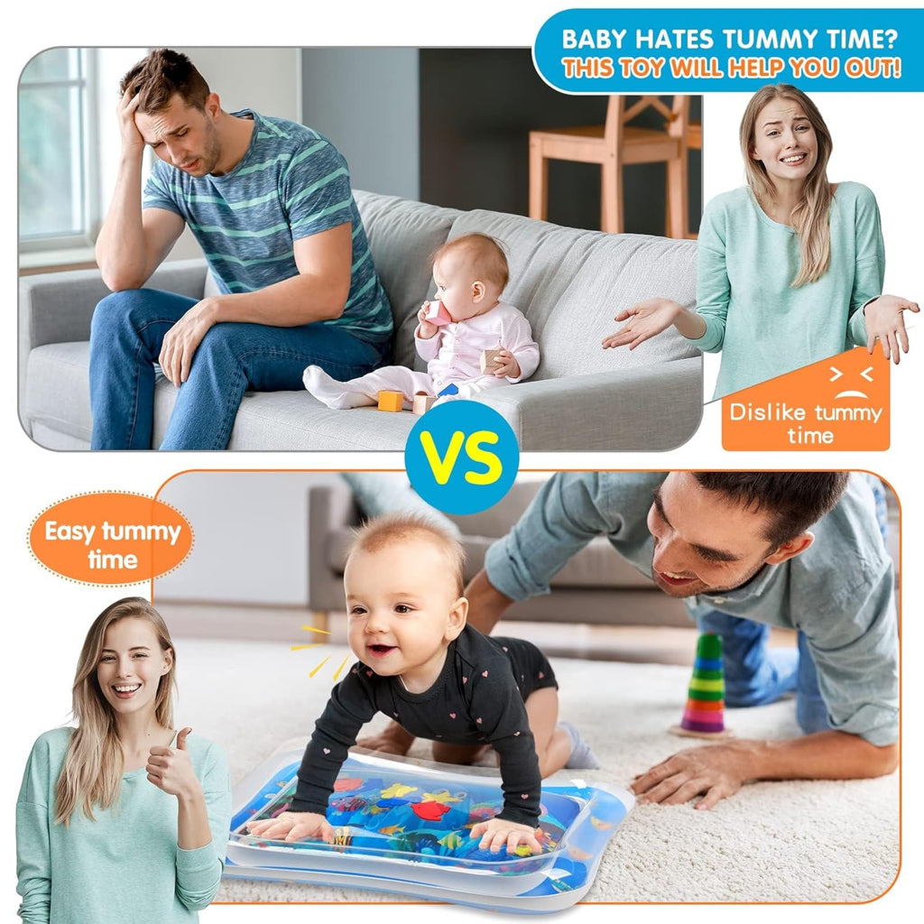 Blue inflatable tummy time water play mat with baby playing on it