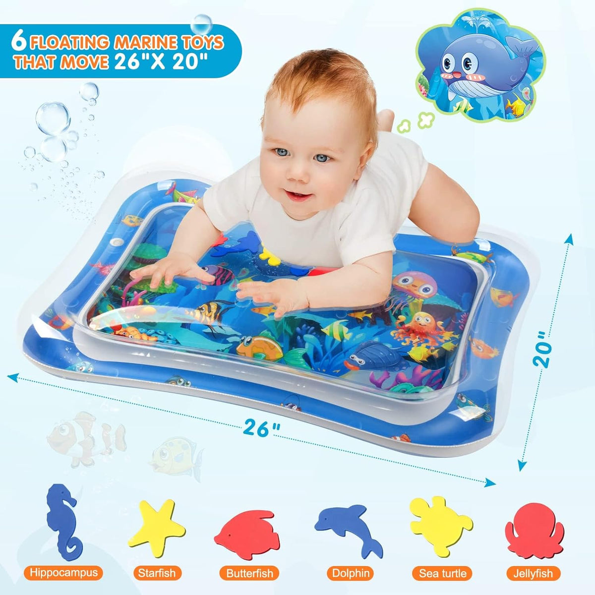 Blue inflatable tummy time water play mat with baby and floating marine toys