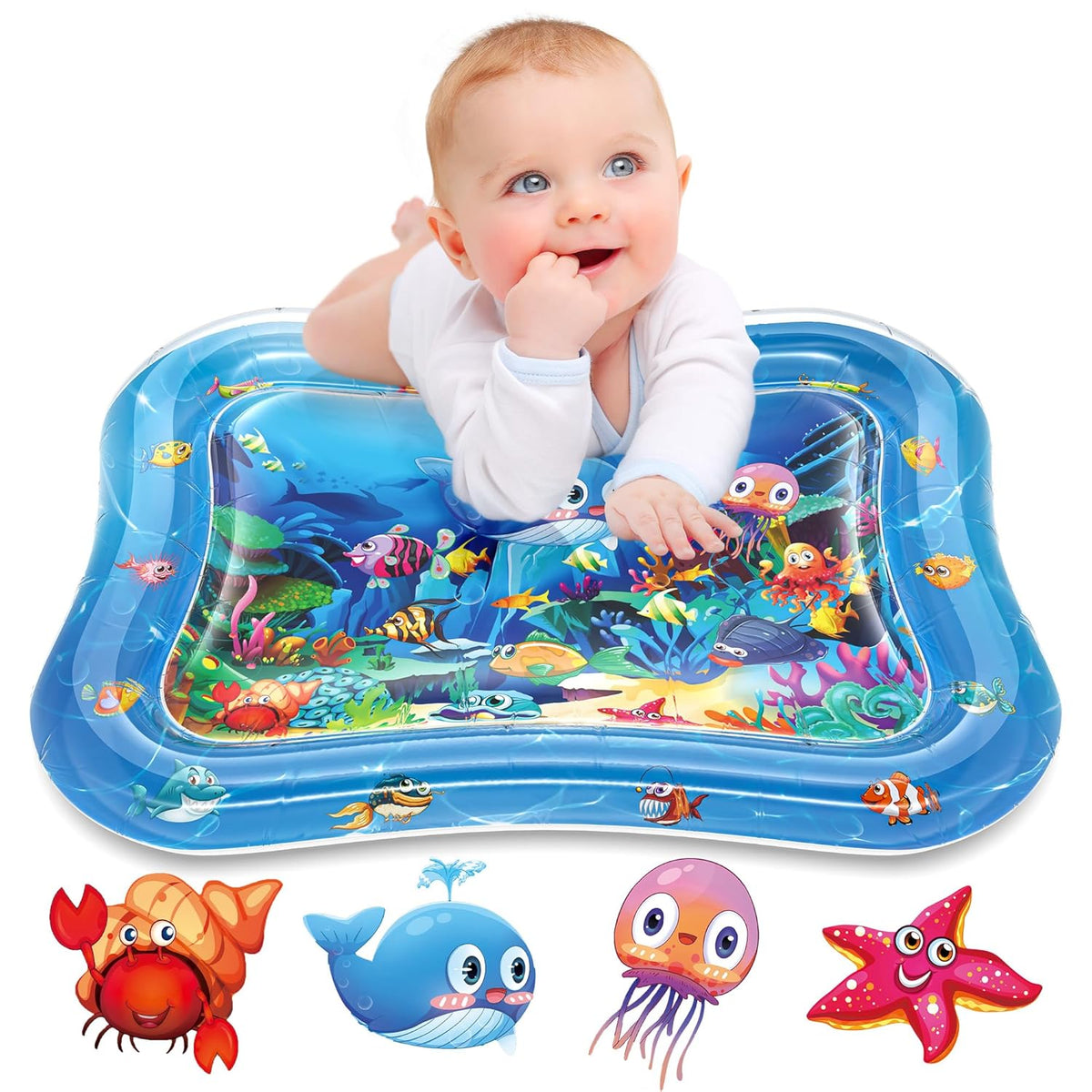 Blue inflatable tummy time water play mat with marine animal graphics and baby