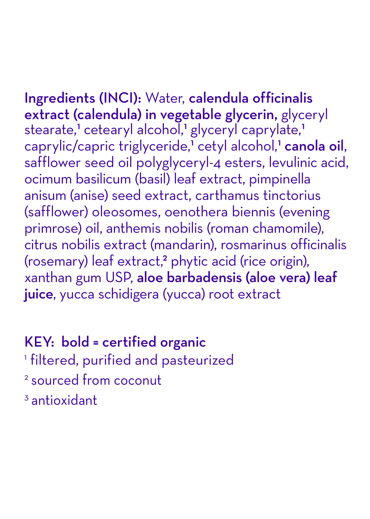 Ingredient list for everyday lotion, including water and calendula officinalis extract