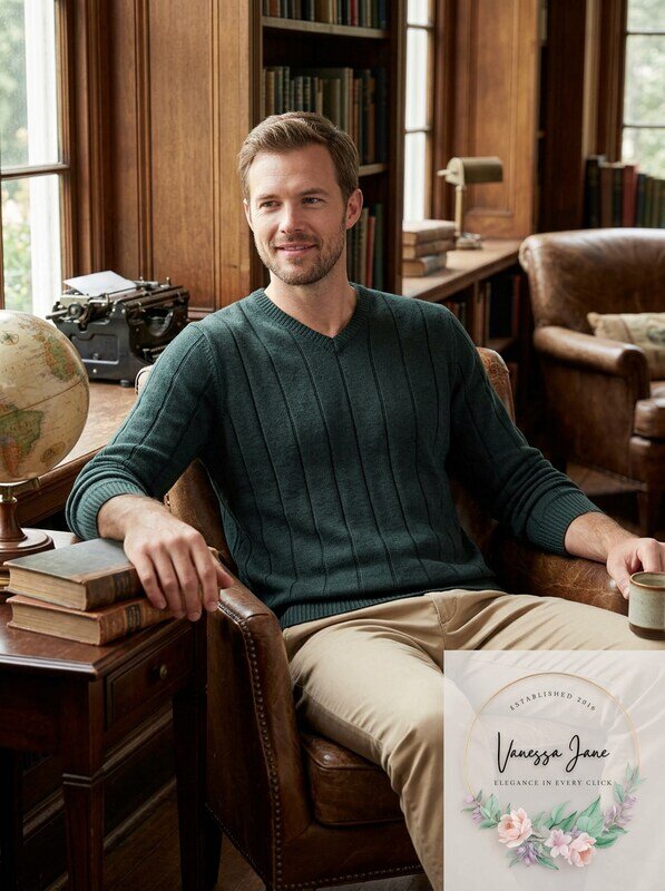 Men's green V-neck cotton sweater with long sleeves and ribbed knit texture