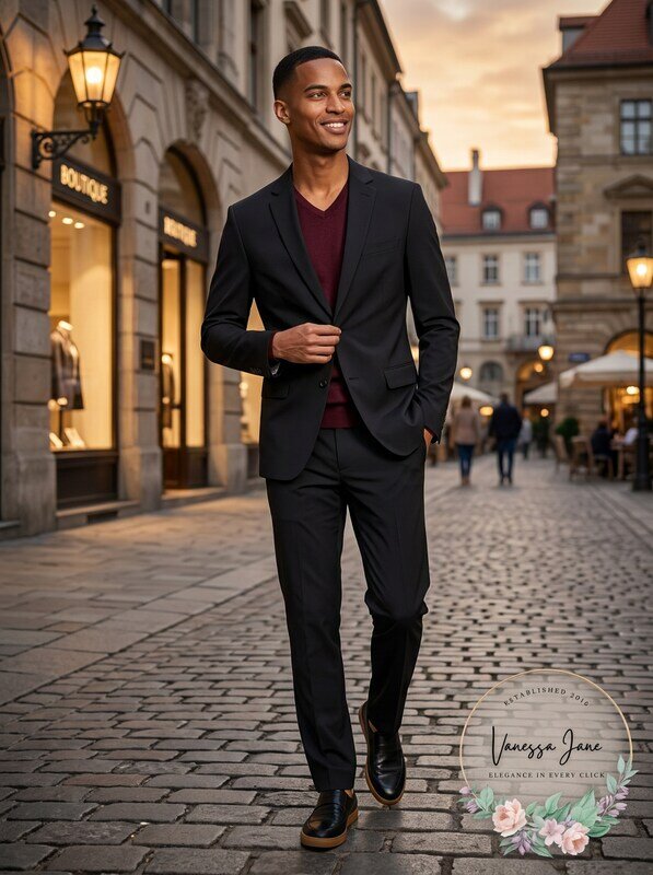 Men's black slim-fit sport coat and trousers set with notch lapels, burgundy shirt