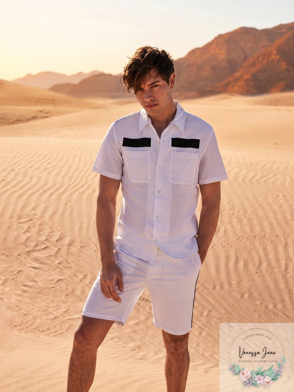 Men's white flat-front knee-length shorts, worn with a short-sleeve shirt