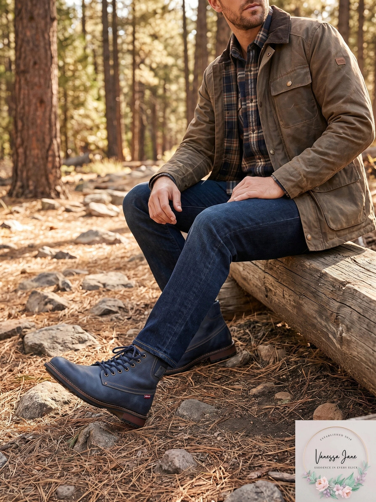 Men's navy lace-up work boots resting on outdoor ground, durable tread and stitched seams