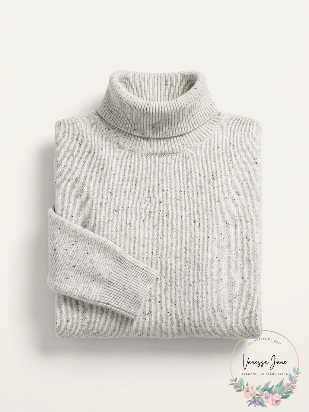 Folded ice grey heather cashmere turtleneck sweater, ribbed collar and cuffs