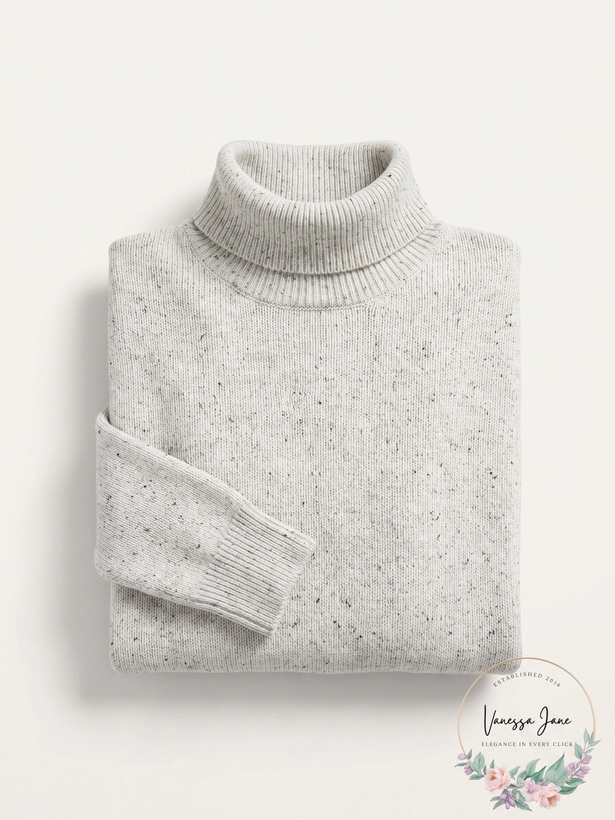 Folded ice grey heather cashmere turtleneck sweater, ribbed collar and cuffs