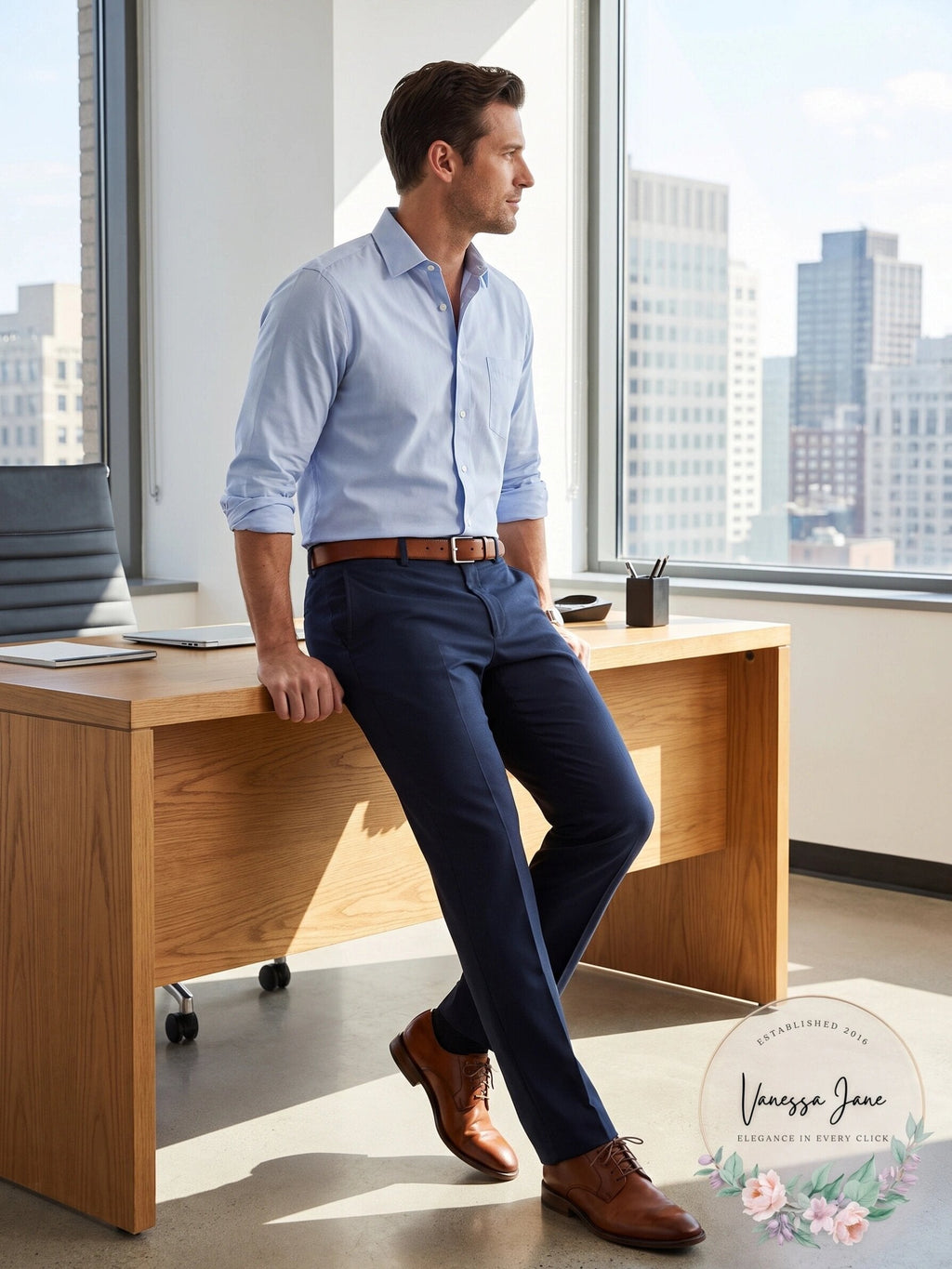 Men's dark navy chino pants with flat front, button-zip fly and belt loops
