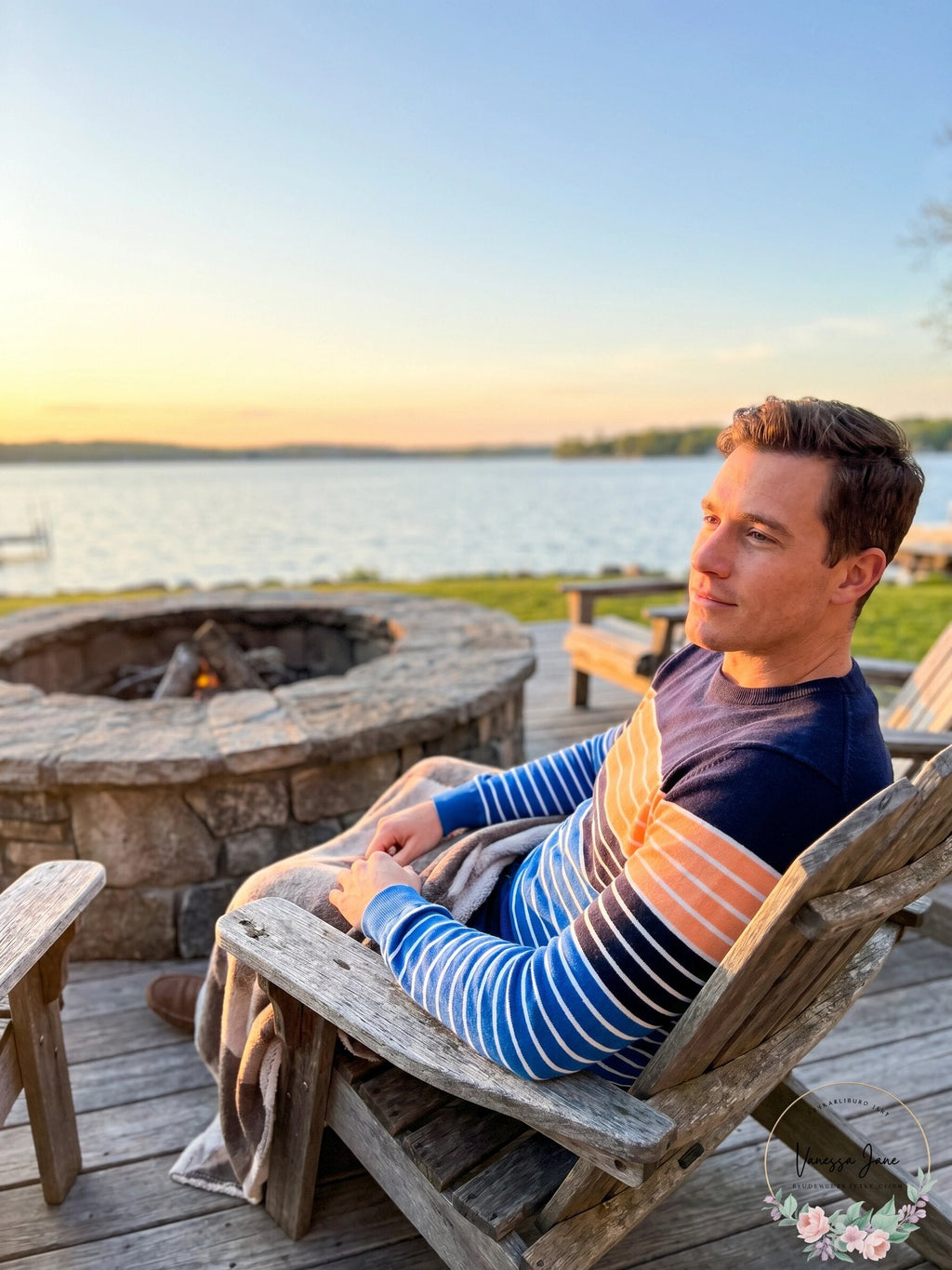 Men's striped ribbed crewneck sweater in blue, black, and orange; long sleeves