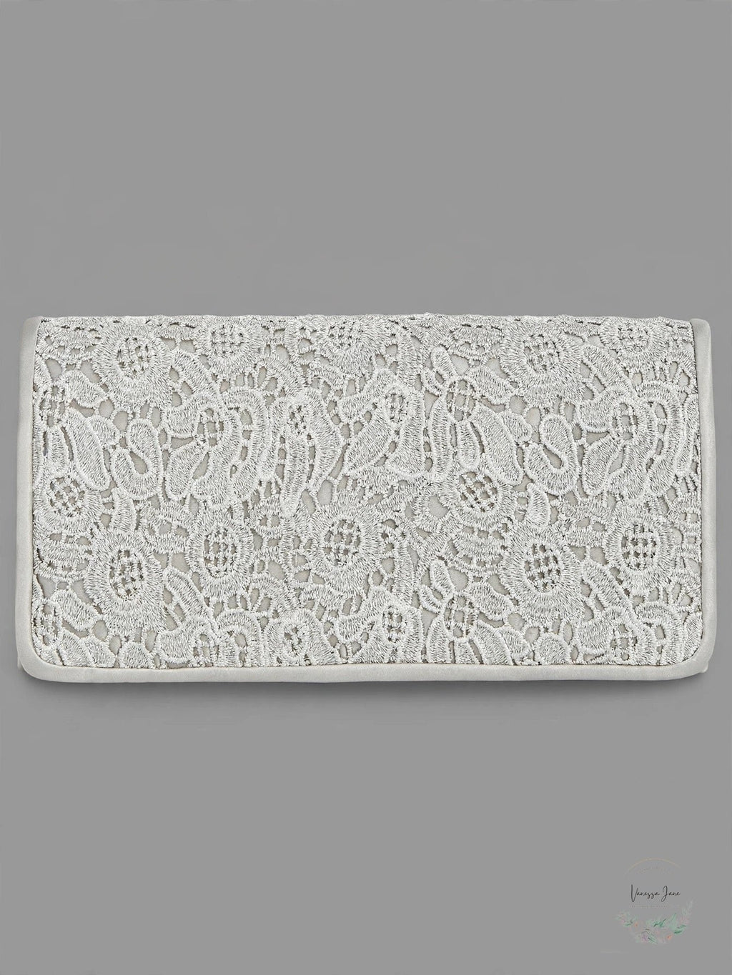 Silver lace small clutch with fold-over top and clasp