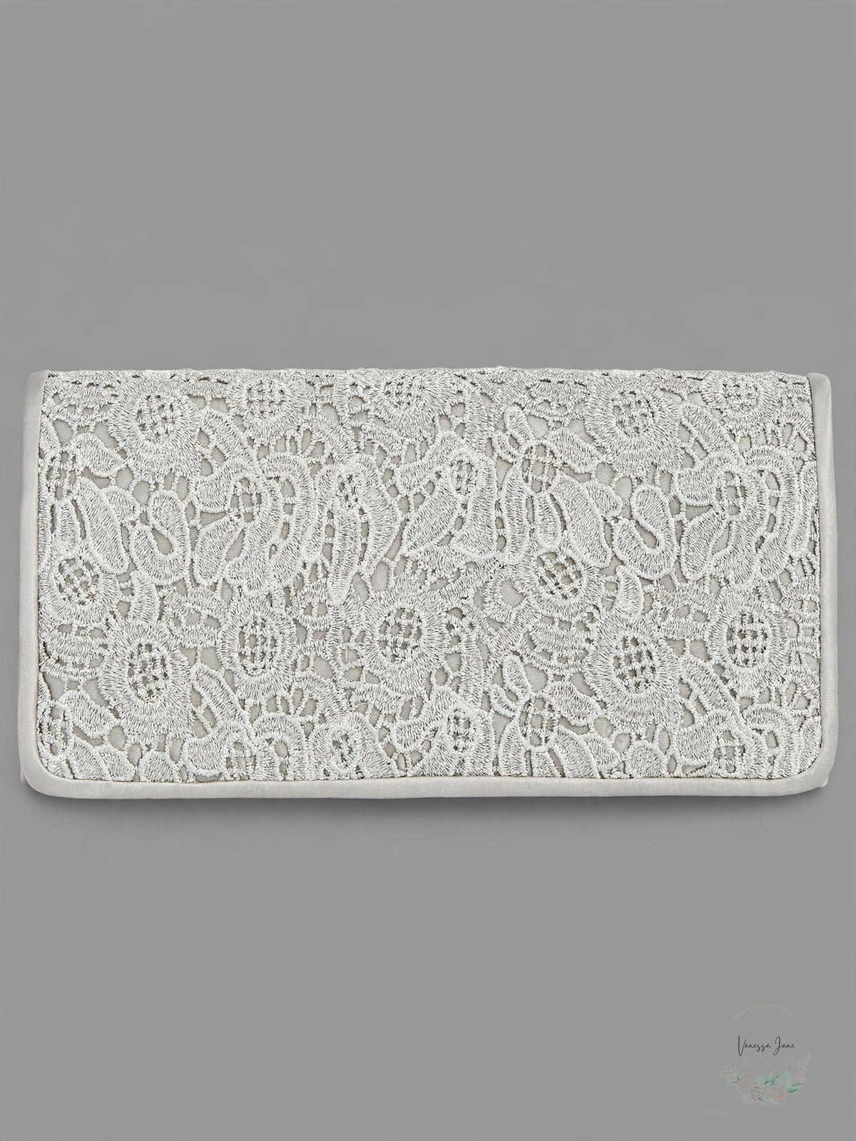 Silver lace small clutch with fold-over top and clasp