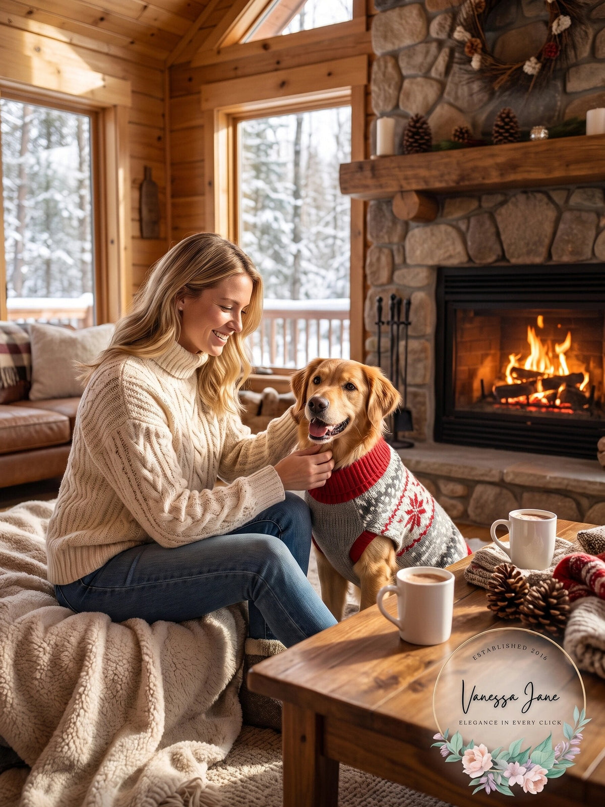 Dog winter Fair Isle pet sweater, gray knit with red yoke and collar
