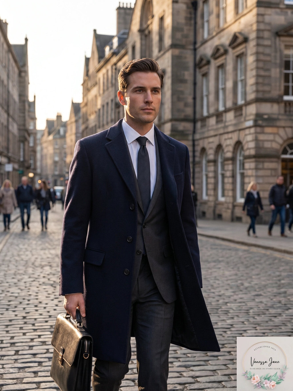 Calvin Klein men’s slim fit overcoat in dark navy, long sleeves, button front