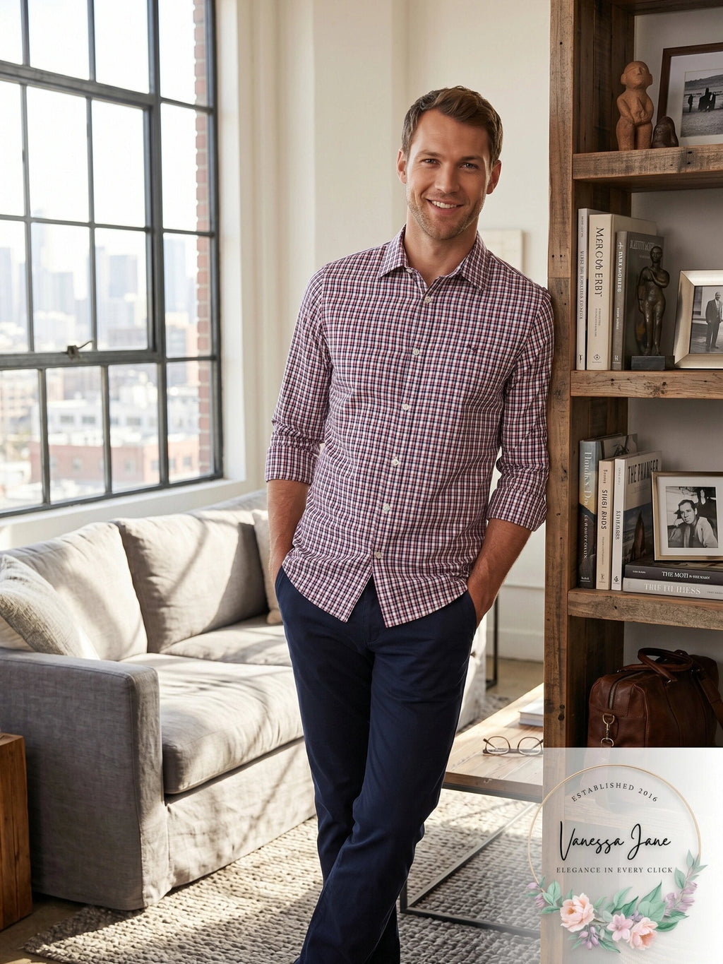 Calvin Klein men's plaid dress shirt, red and navy check, button-down collar