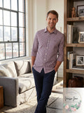 Calvin Klein men's plaid dress shirt, red and navy check, button-down collar