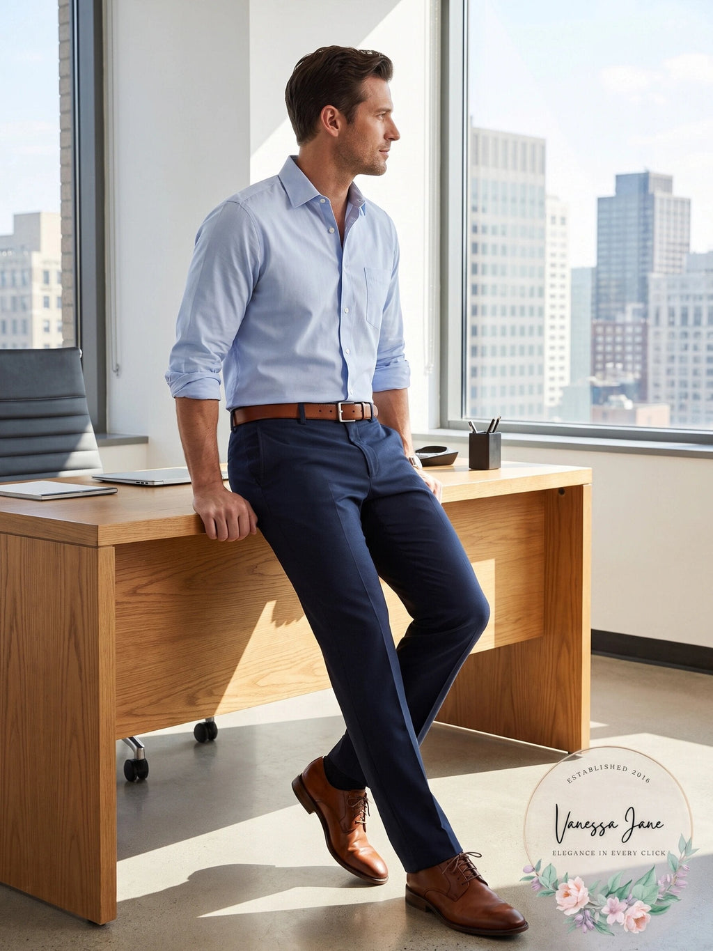Men's navy chino pants, flat front with button-zip fly and belt loops