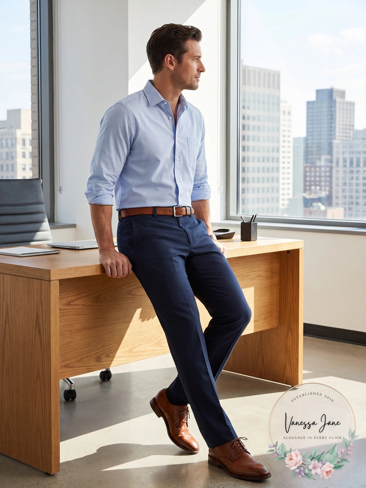 Men's navy chino pants, flat front with button-zip fly and belt loops