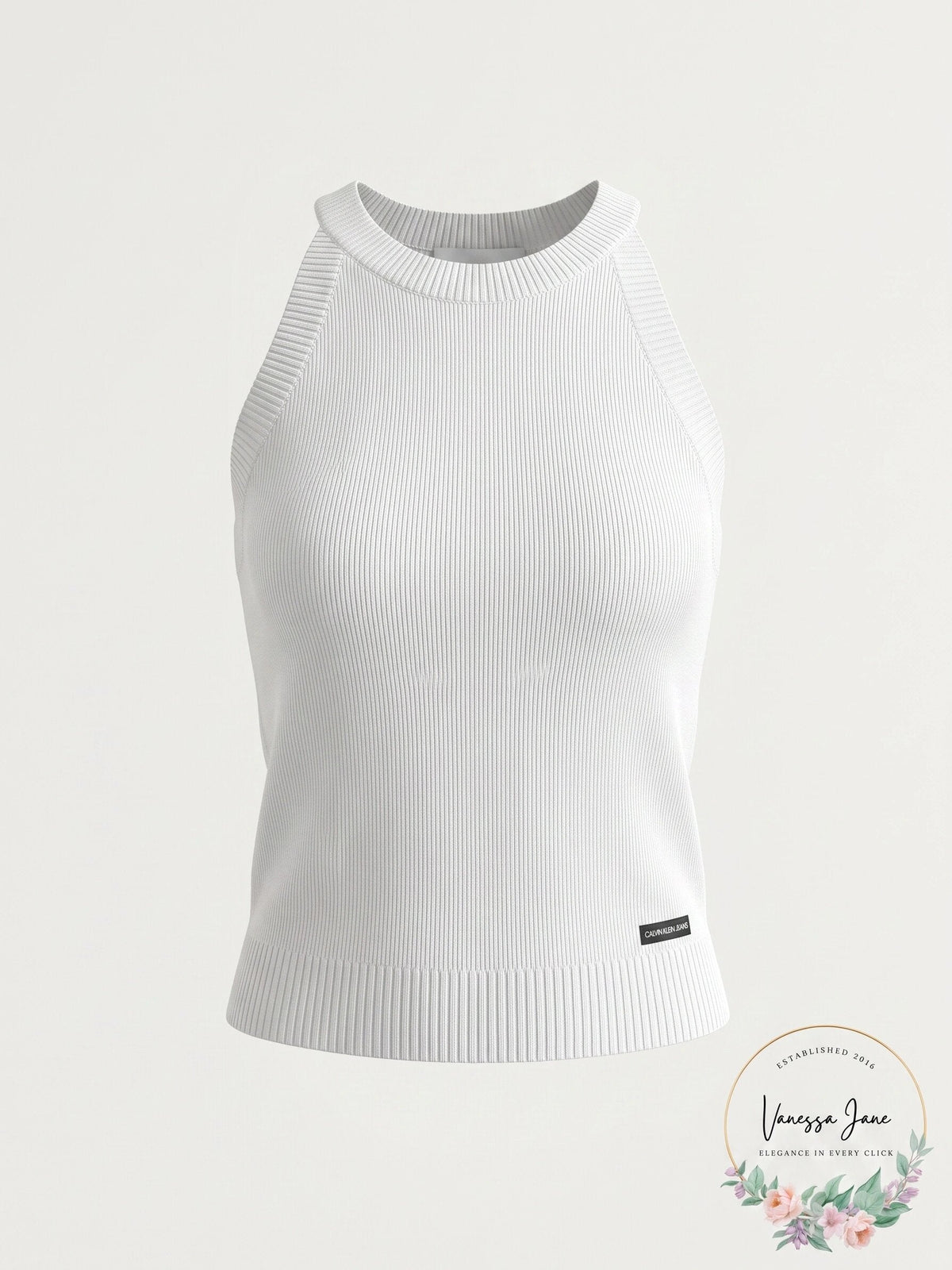 Women's white sleeveless crew-neck knit sweater top with ribbed collar
