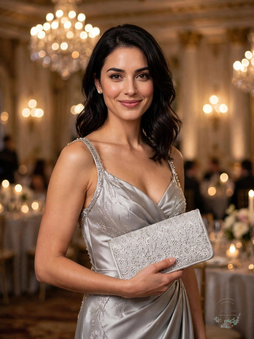 Silver lace small clutch with textured surface and clasp