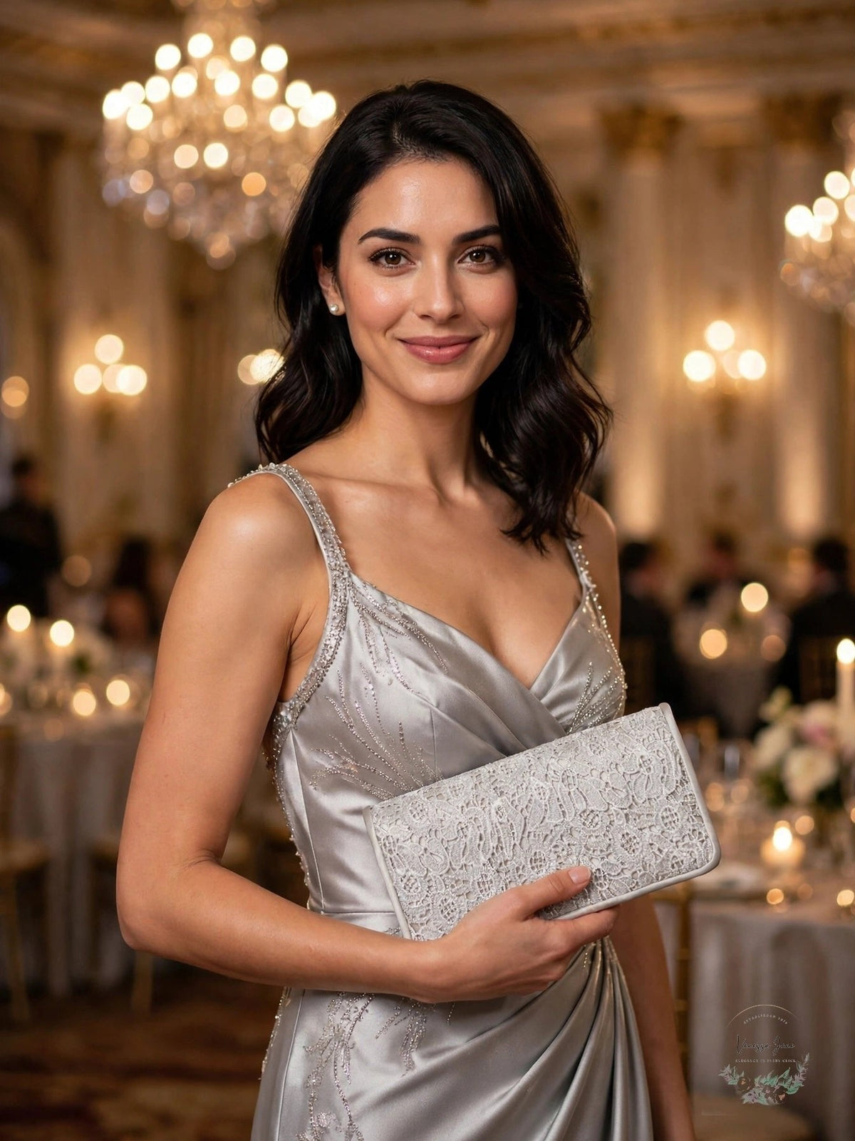 Silver lace small clutch with textured surface and clasp