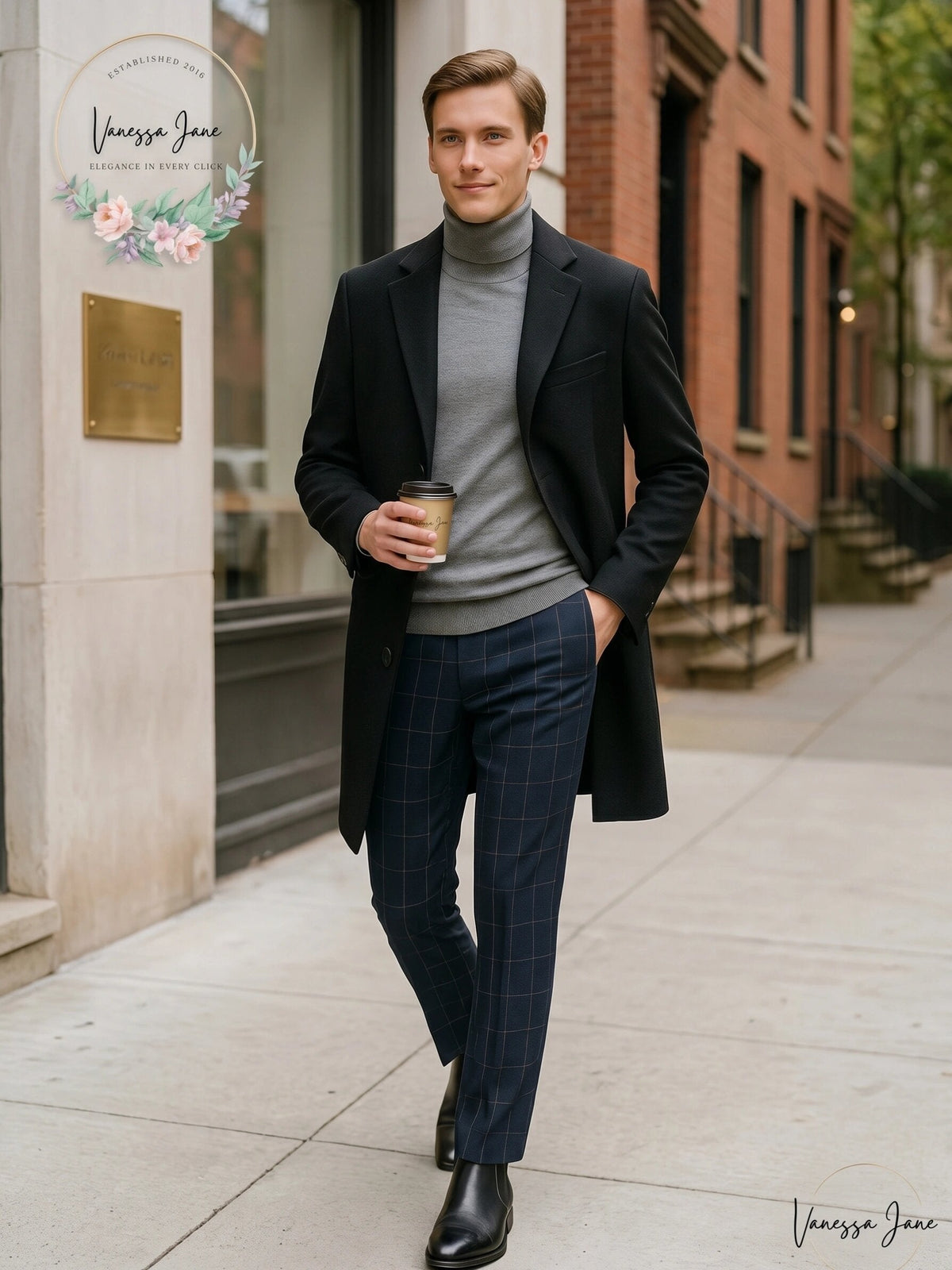 Men's slim-fit black overcoat with notched lapels and single-breasted front