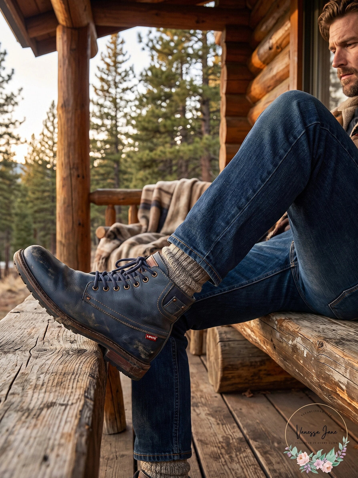 Levis men's work boots in dark navy leather, lace-up, rugged side view