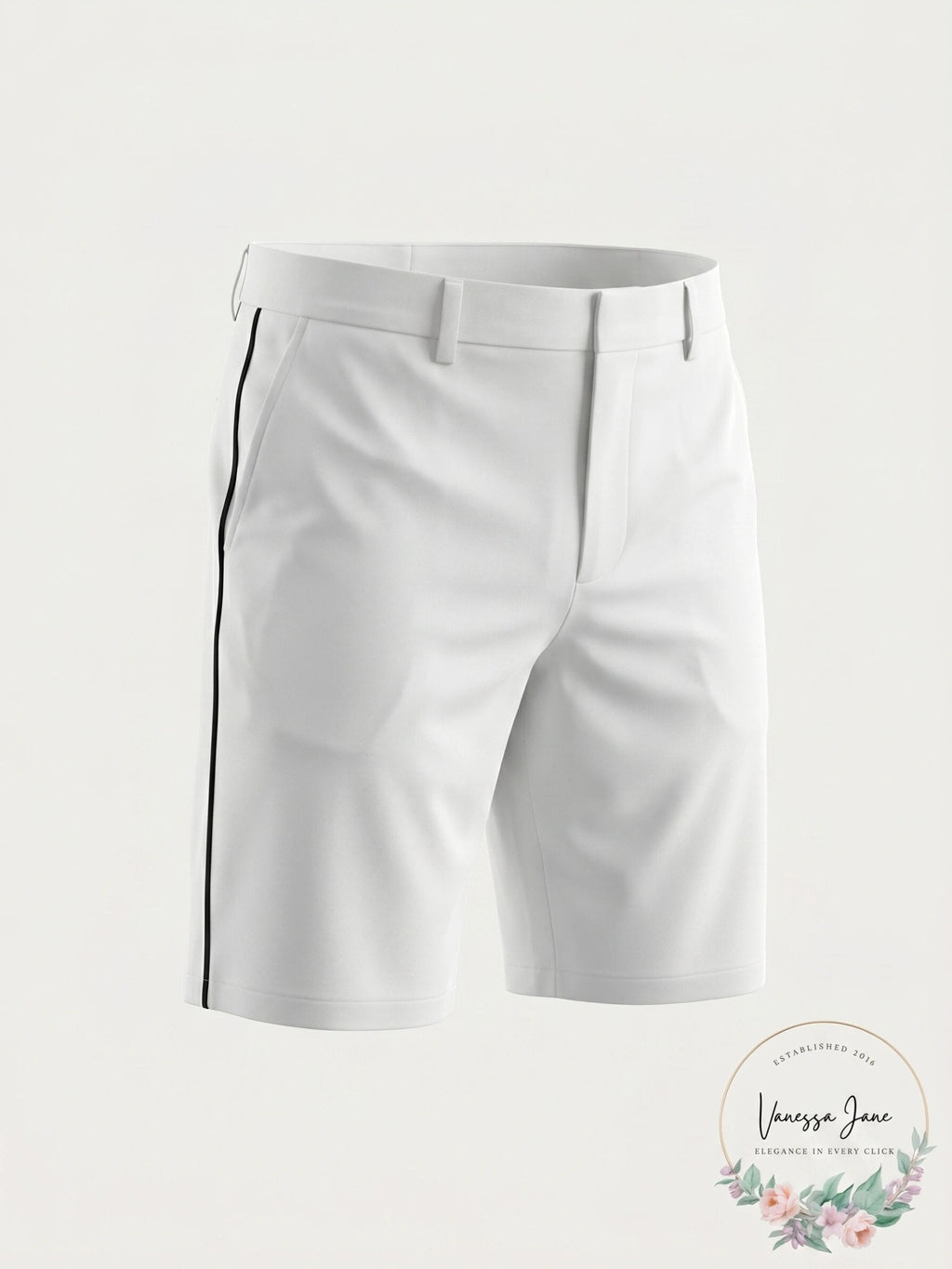 Men's white flat-front shorts on white background, belt loops and straight hem