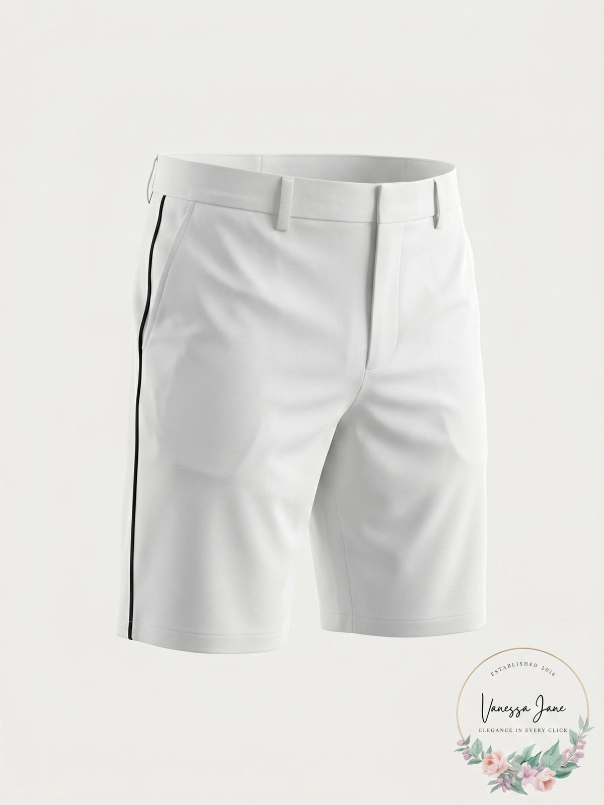 Men's white flat-front shorts on white background, belt loops and straight hem